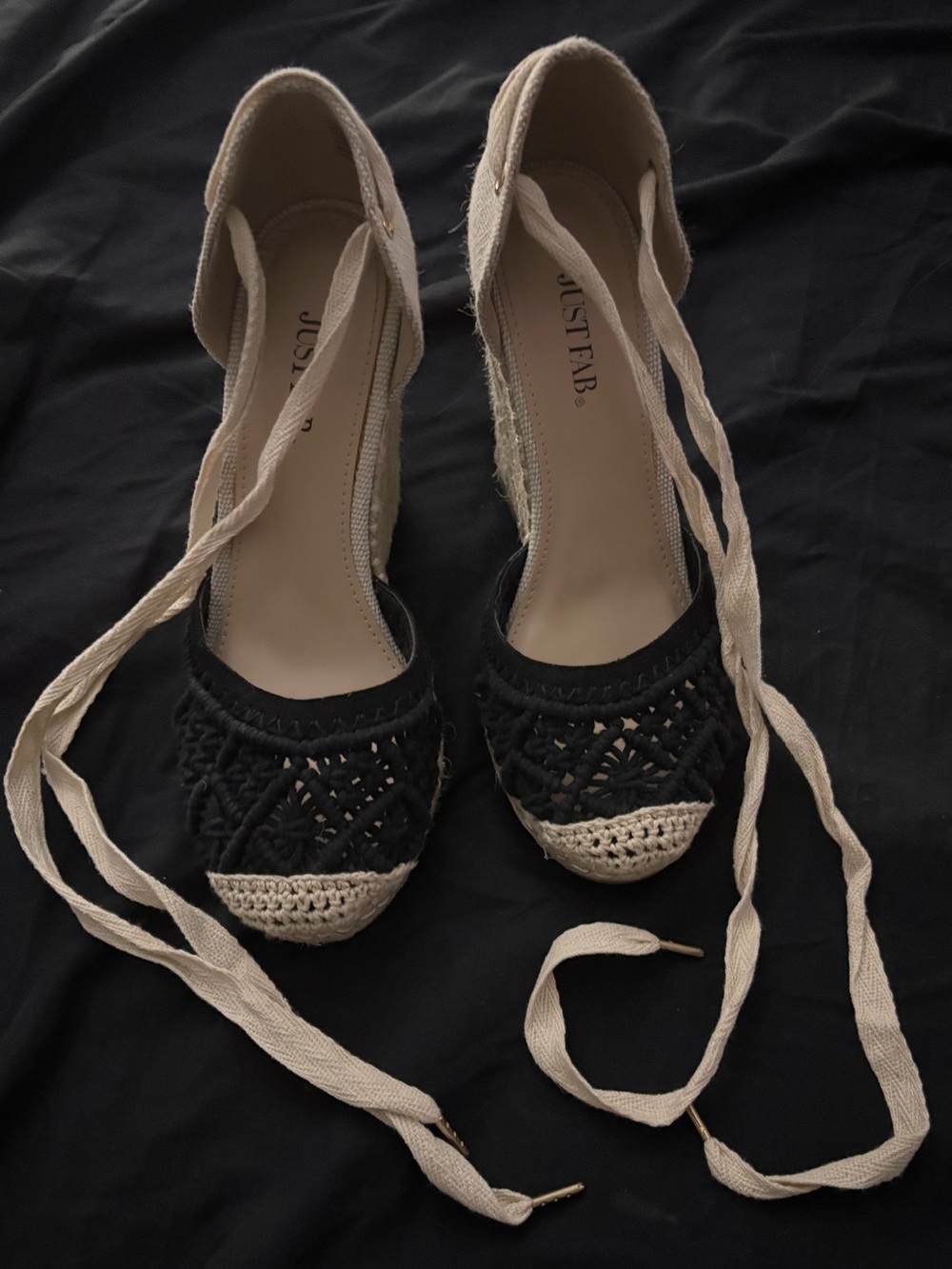 JustFab Black and Cream Lace-Up Espadrille Wedges